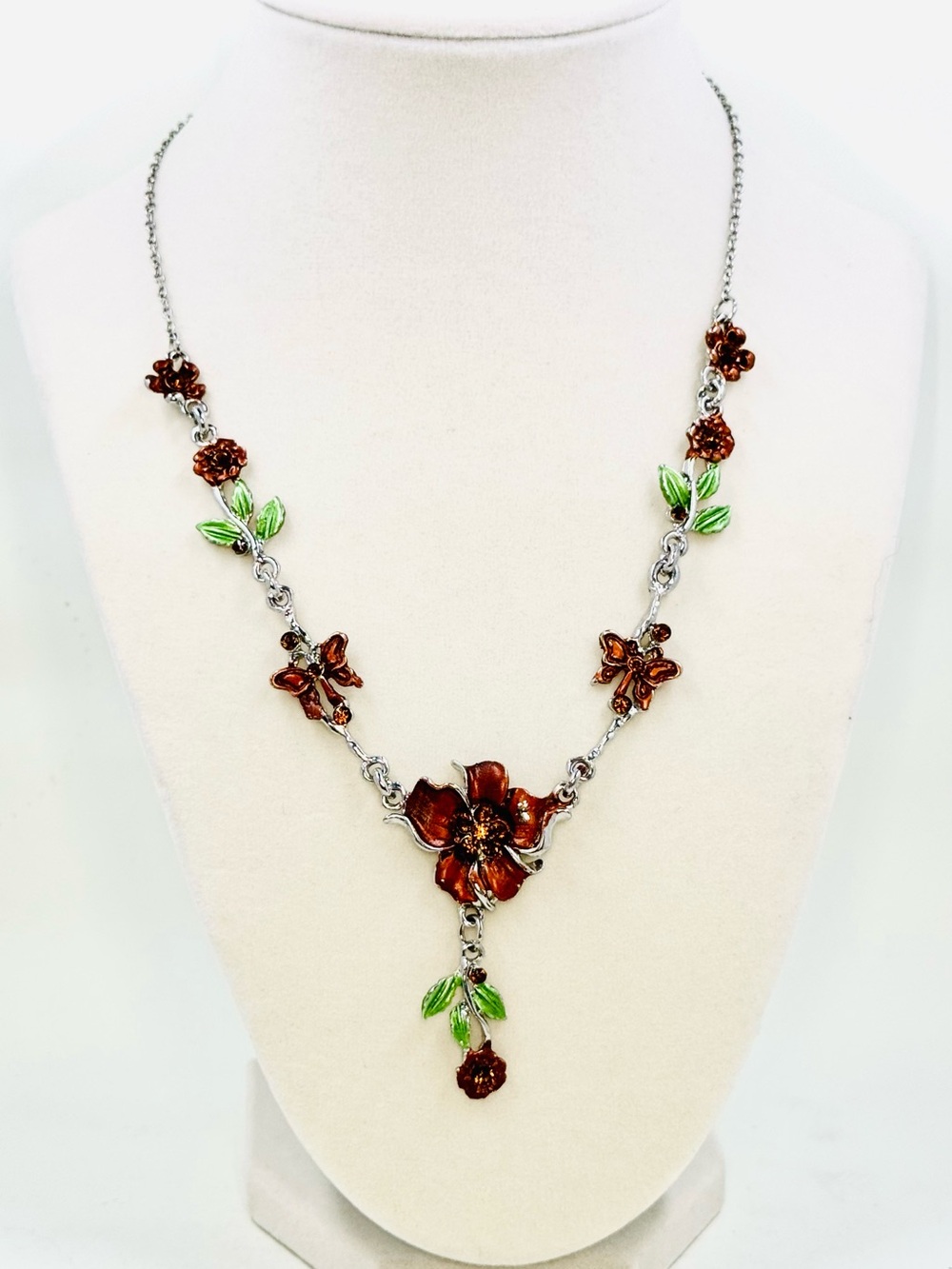 Vintage Inspired Floral & Butterflies Brown Enamel Drop Dangle Pendant Necklace
